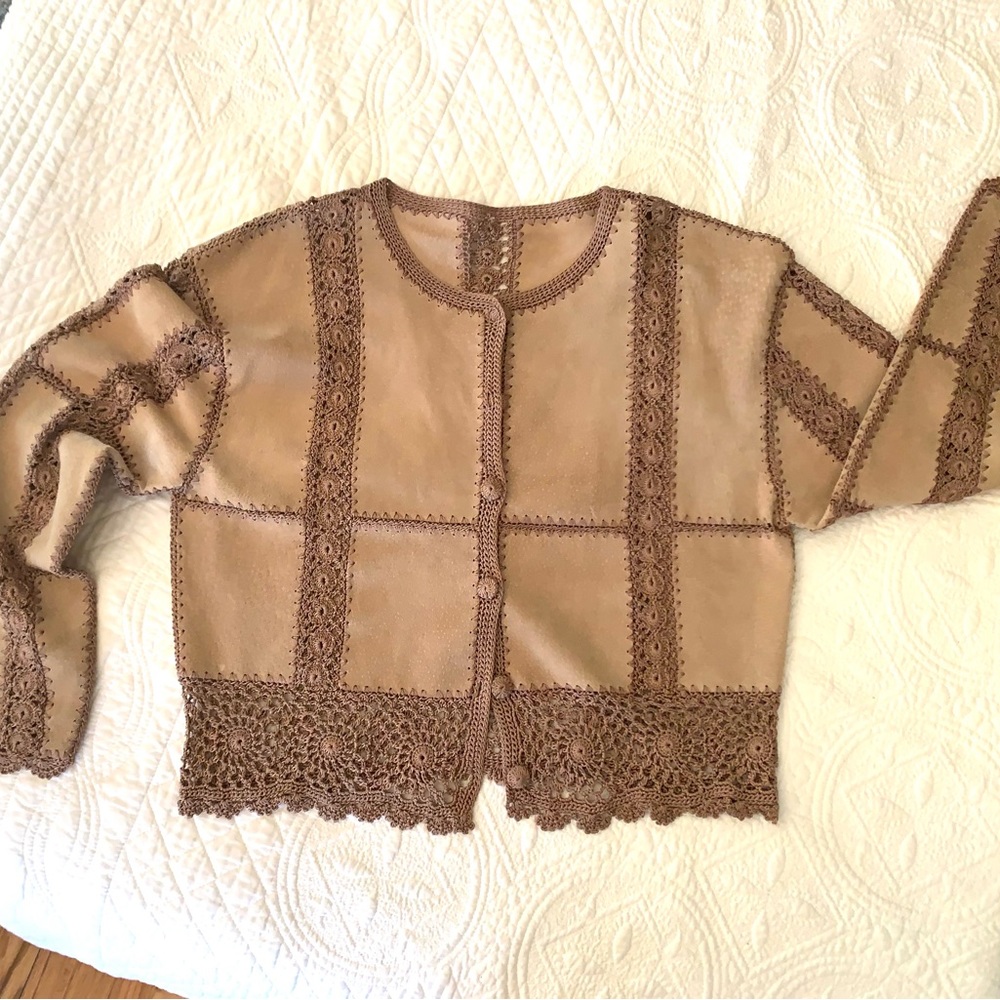 Vintage Suede Patchwork Crochet Jacket Sweater